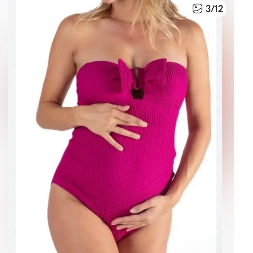 Cache‎ Coeur Purple Maternity One Piece Swimsuit Textured Bow Bandeau Medium